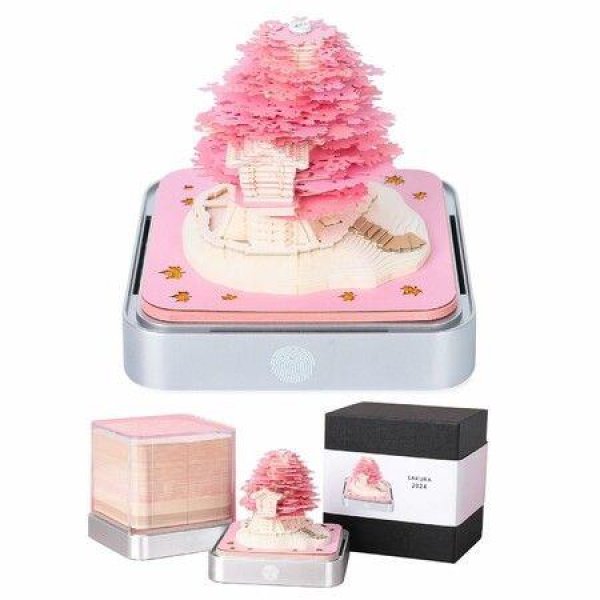 Desk Calendar With Lights 2024 DIY Calendar 3D Memo Pad Paper Art Sakura Tree Calendar for Teacher,Monthly Calendar Gift Desktop Decoration (Pink)