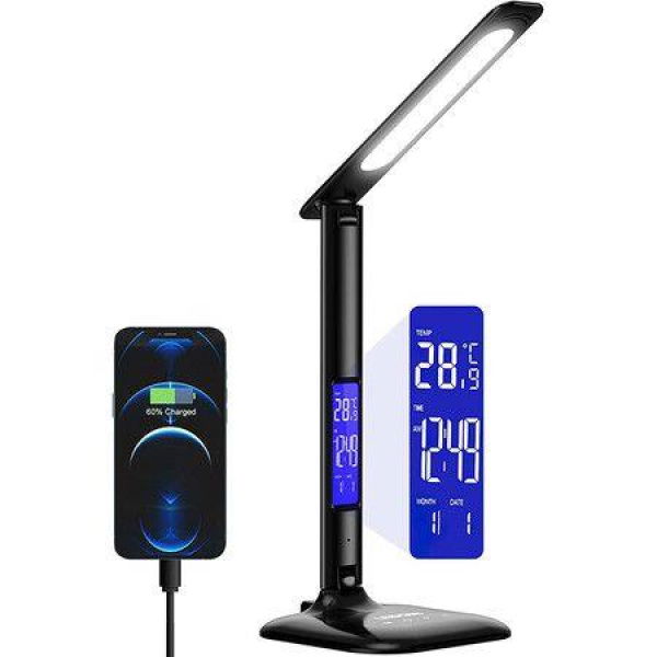 Desk Lamp with USB Charging Port Adjustable Foldable Table Lamp Touch Control with Clock