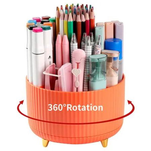 Desk Pencil Pen Holder,5 Slots 360 Degree Rotating Pencil Pen Organizers,Desktop Storage Stationery Supplies Organizer,Cute Pencil Cup Pot (Orange)