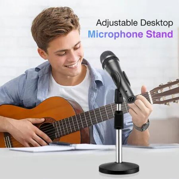 Desktop Mic Stand Table Top Microphone Holder Adjustable Short Disc Mount Detachable Heavy Duty Metal 26.9cm to 37cm with Non Slip Clip