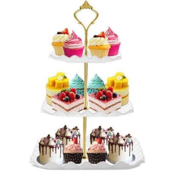 Dessert Cupcake Stand 3 Tier Cup Cake Holder Tower Tea Party Birthday Weeding Plastic Tiered Serving Tray Rod White