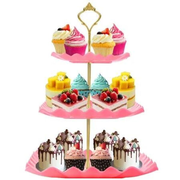 Dessert Cupcake Stand,3 Tier Cup Cake Holder Tower for Tea Party/Birthday/Weeding,Plastic Tiered Serving Tray with Metal Rod,Pink