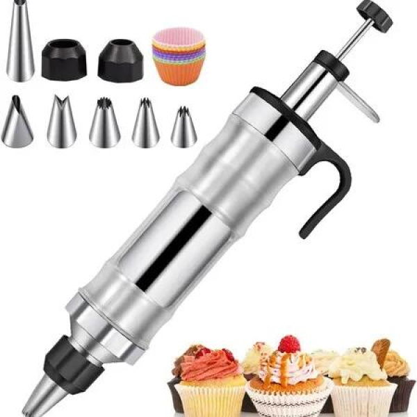 Dessert Decorating Syringe Set, Frosting Piping Kit Stainless Steels Cake Decorating with 6 Piping Tips,9 Silicone Cupcakes,Black