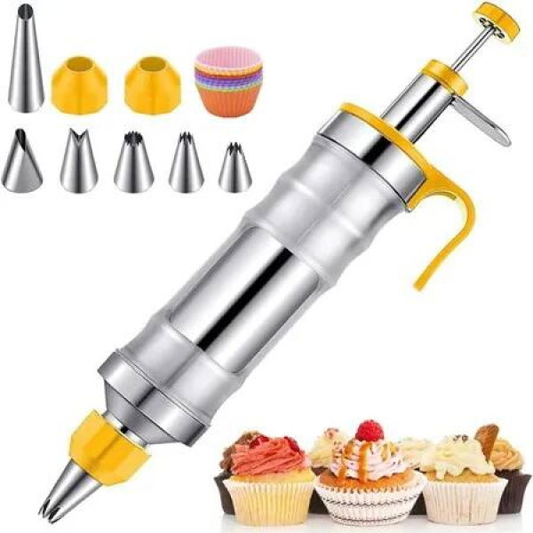Dessert Decorating Syringe Set, Frosting Piping Kit Stainless Steels Cake Decorating with 6 Piping Tips,9 Silicone Cupcakes,Yellow