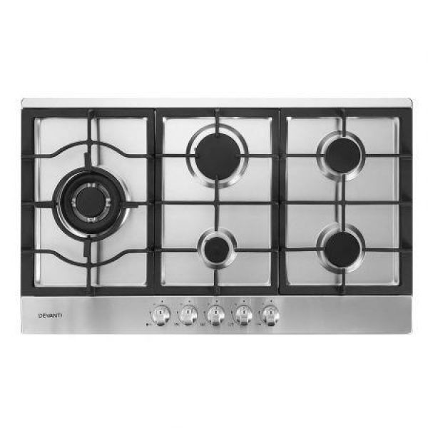 Devanti Gas Cooktop 90cm Kitchen Stove Cooker 5 Burner Stainless Steel NG/LPG Silver.