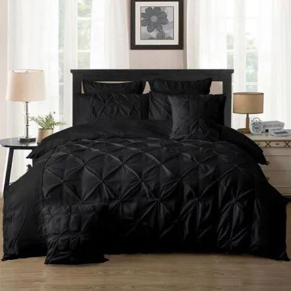 Diamond Pintuck Super King Size Black Duvet Quilt Cover Set