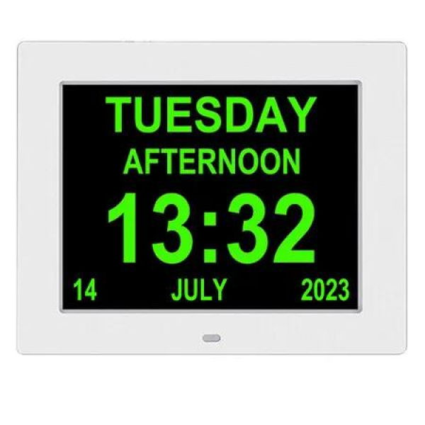Digital Alarm Clock Bedroom Desk Tabletop Photo Picture Frame Elderly Calendar Date 8 Inch Seniors Electronic White