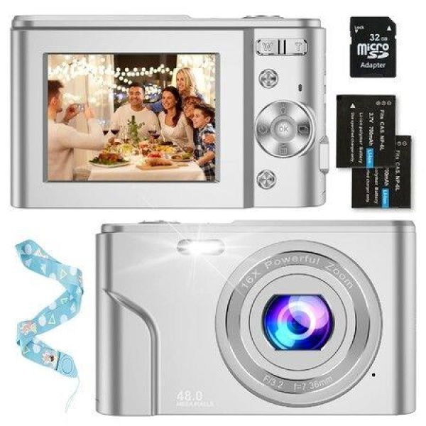 Digital Baby Camera,1080P 48MP Kids Camera with 32GB SD Card,2.4 Inch Kids Digital Camera with 16X Digital Zoom,Compact Mini Camera Kid Camera (Silver)