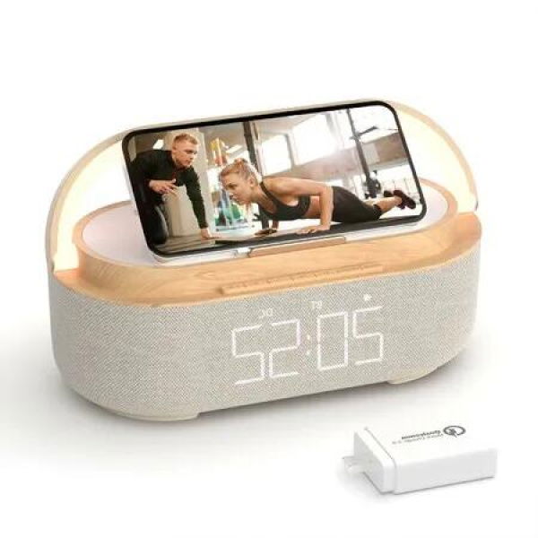 Digital Bluetooth Speaker with Wireless Charger,Alarm Clock,Adjustable LED Night Light,Up to 12-Hour Long 2500mAh Battery