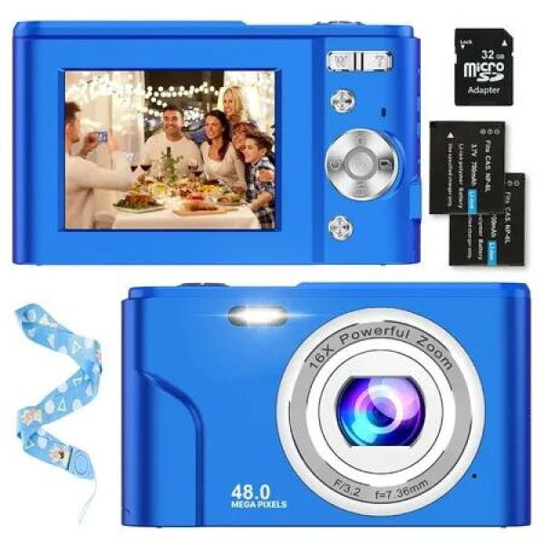 Digital Camera 1080P 48MP 32GB SD Card 16X Zoom 2.4 Inch Compact Mini Photography Cam Gift Blue