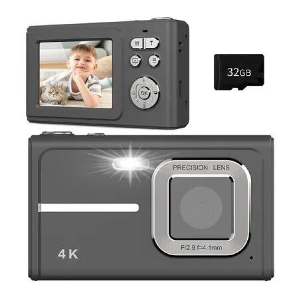 Digital Camera, 1080P FHD Camera, Autofocus 4K 48MP Point and Shoot Digital Camera 16X Zoom 32GB Card, Compact Camera Gifts for Boys Girls (Black)