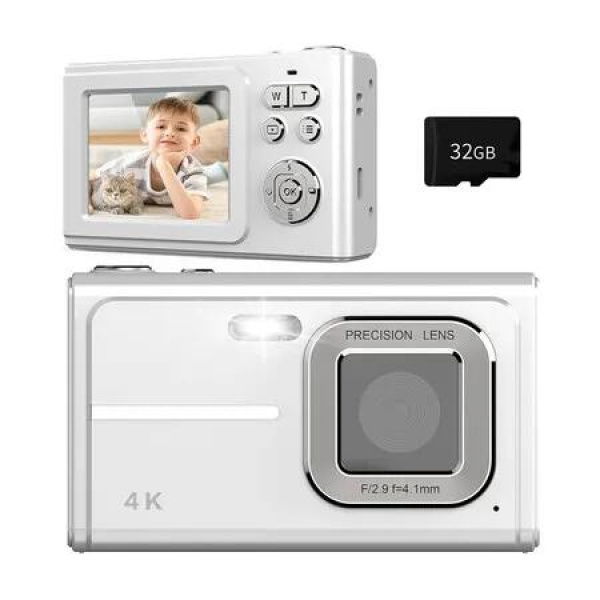 Digital Camera, 1080P FHD Camera, Autofocus 4K 48MP Point and Shoot Digital Camera 16X Zoom 32GB Card, Compact Camera Gifts for Boys Girls (Silver)