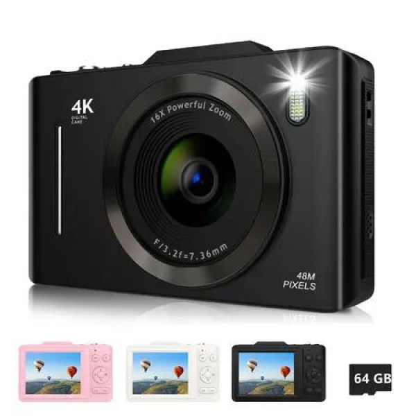 Digital Camera 2.8',FHD 4K 48MP Point and Shoot Digital Camera for Kids with 16X Zoom 64GB Card,Anti-Shake,Autofocus Camera for Gift(Black)