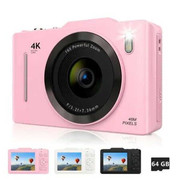 Digital Camera 2.8',FHD 4K 48MP Point and Shoot Digital Camera for Kids with 16X Zoom 64GB Card,Anti-Shake,Autofocus Camera for Teens Boys Girls Gift(Pink)