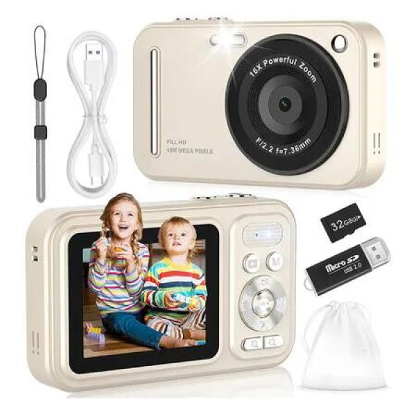 Digital Camera, 48MP FHD 1080P Point and Shoot Digital Cameras with 16X Zoom Anti-Shake, Compact Portable Cameras for Teens Beginners (Beige)