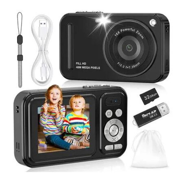 Digital Camera, 48MP FHD 1080P Point and Shoot Digital Cameras with 16X Zoom Anti-Shake, Compact Portable Cameras for Teens Beginners (Black)