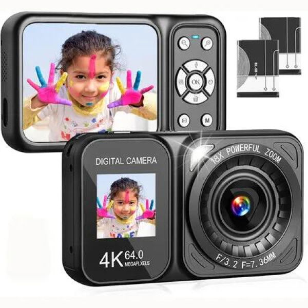 Digital Camera, 4K 64MP Dual Screens Camera, Point and Shoot Digital Camera with 64GB TF Card & 2 Batteries, Portable Camera for Beginners (Black)