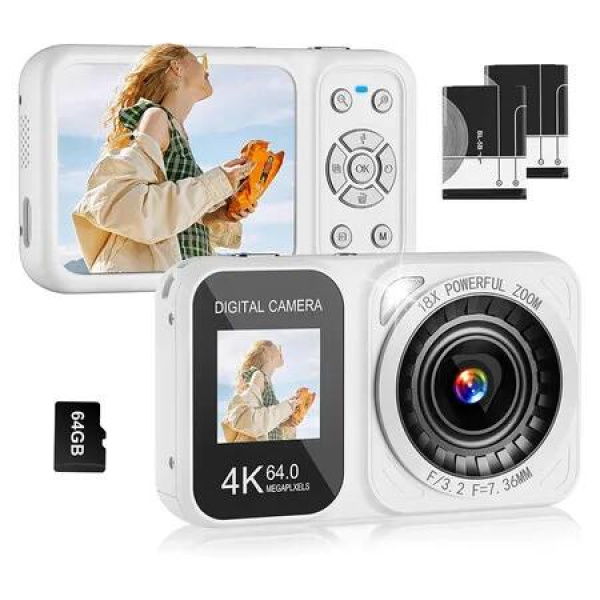 Digital Camera, 4K 64MP Dual Screens Camera, Point and Shoot Digital Camera with 64GB TF Card & 2 Batteries, Portable Camera for Beginners (White)