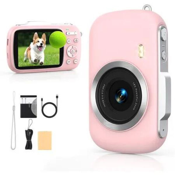 Digital Camera 4K 64MP, Vlogging Camera for Boys Girls and Beginners, 18X Zoom Point and Shoot Camera Anti Shake, Pink