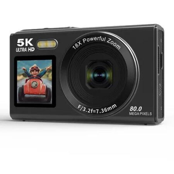 Digital Camera, 5K 80MP Dual Screens Camera with 18X Digital Zoom, Compact Vlogging Camera for Beginners with 32GB Card (Black)
