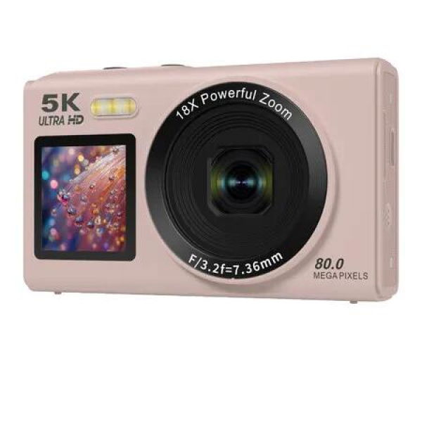 Digital Camera, 5K 80MP Dual Screens Camera with 18X Digital Zoom, Compact Vlogging Camera for Beginners with 32GB Card (Pink)