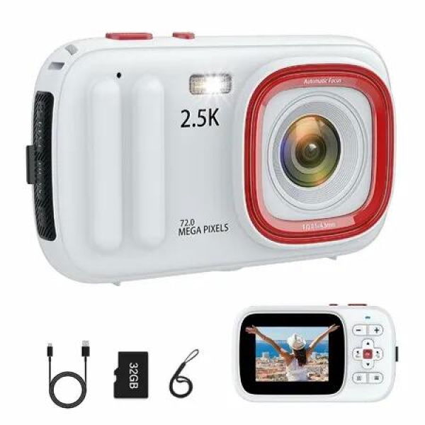 Digital Camera 72MP 2.5K Compact Point and Shoot Camera,16X Zoom Auto Focus,Vintage Camera with 32GB Card,Ideal Retro Camera Gift,White