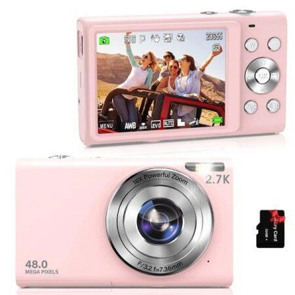 Digital Camera Auto Focus 2.7K Vlogging Camera HD 48MP 16X Digital Zoom Camera with 32G Memory Card,Portable Mini Compact Camera (Pink)