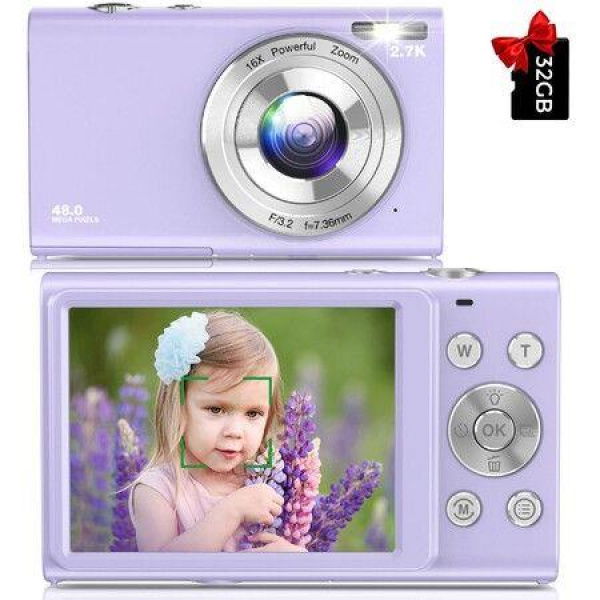 Digital Camera Auto Focus 2.7K Vlogging Camera HD 48MP 16X Digital Zoom Camera with 32G Memory Card,Portable Mini Compact Camera (Purple)