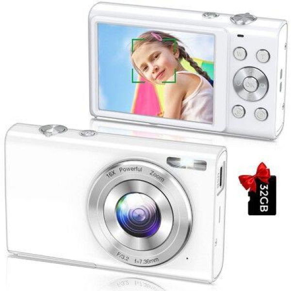 Digital Camera Auto Focus 2.7K Vlogging Camera HD 48MP 16X Digital Zoom Camera with 32G Memory Card,Portable Mini Compact Camera (White)