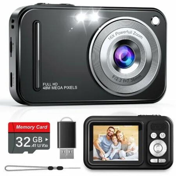 Digital Camera, Autofocus 1080P 48MP Digital Camera for Kids with 16X Zoom Anti Shake, Compact Portable Small Point and Shoot