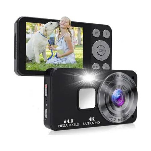 Digital Camera, Autofocus 4K 64MP Point and Shoot Digital Cameras for Teens, 18X Zoom Anti Shake Compact Video Camera for Kids Beginner, Black