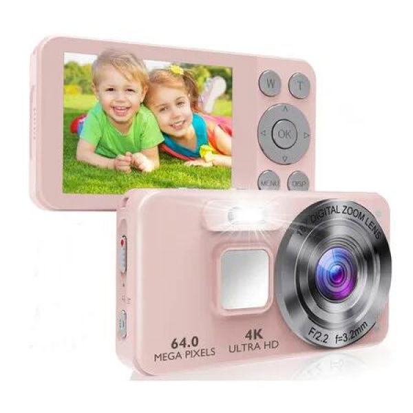 Digital Camera, Autofocus 4K 64MP Point and Shoot Digital Cameras for Teens, 18X Zoom Anti Shake Compact Video Camera for Kids Beginner, Pink