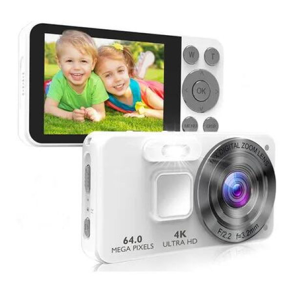 Digital Camera, Autofocus 4K 64MP Point and Shoot Digital Cameras for Teens, 18X Zoom Anti Shake Compact Video Camera for Kids Beginner, White