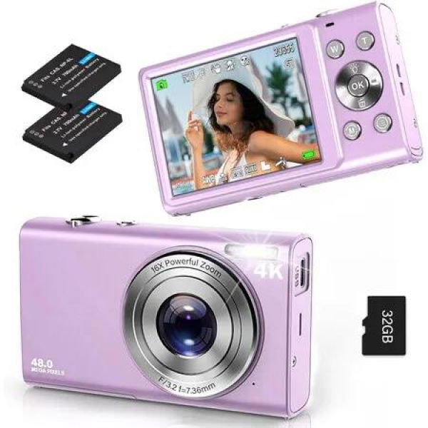 Digital Camera Autofocus 4K Vlogging 32GB Card 48MP 16X Zoom Anti Shake Point Shoot Photography Video Gift Portable Compact Purple