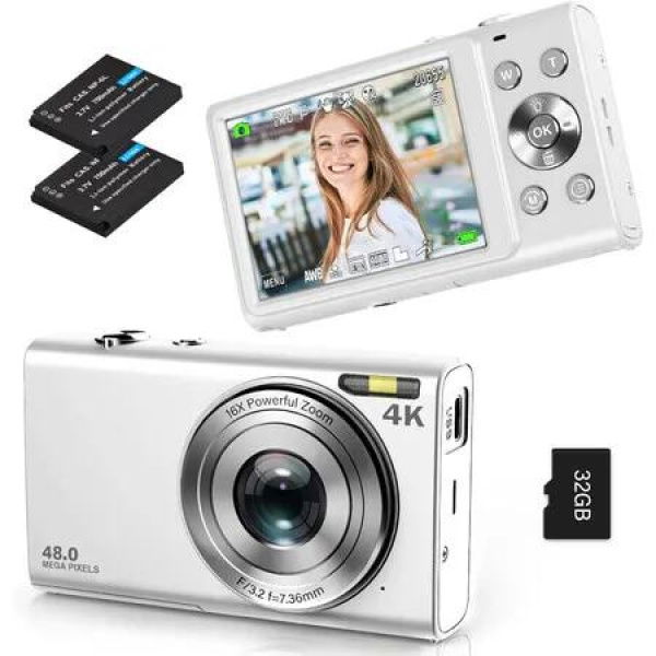 Digital Camera Autofocus Vlogging UHD 4K Photography Tool 48MP 16X Zoom Anti Shake Point Shoot 32GB Card White Portable Compact Travel Content Creation