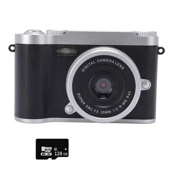 Digital Camera Dual Lens 48MP HD Compact Camera with 128G Memory Card, Teenagers Photography Auto Focus Zoom Anti Shake Lightweight Camera, Black