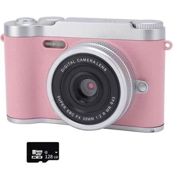 Digital Camera Dual Lens 48MP HD Compact Camera with 128G Memory Card, Teenagers Photography Auto Focus Zoom Anti Shake Lightweight Camera, Pink