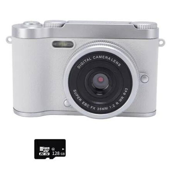 Digital Camera Dual Lens 48MP HD Compact Camera with 128G Memory Card, Teenagers Photography Auto Focus Zoom Anti Shake Lightweight Camera, White