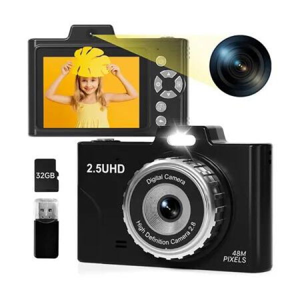 Digital Camera FHD 2.5K 48MP Dual Camera with 32GB SD Card 8X Digital Zoom Card Reader, Portable Compact Small Play Camera Gift for Beginner Children (Black)