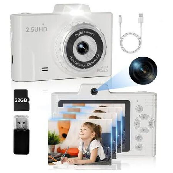 Digital Camera FHD 2.5K 48MP Dual Camera with 32GB SD Card 8X Digital Zoom Card Reader, Portable Compact Small Play Camera Gift for Beginner Children (White)