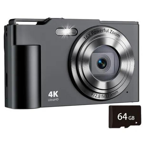 Digital Camera, FHD 4K Digital Point and Shoot Camera with 16X Zoom Anti Shake, 48MP Compact Small Camera with 64GB Card for Boys Girls Kids, Black