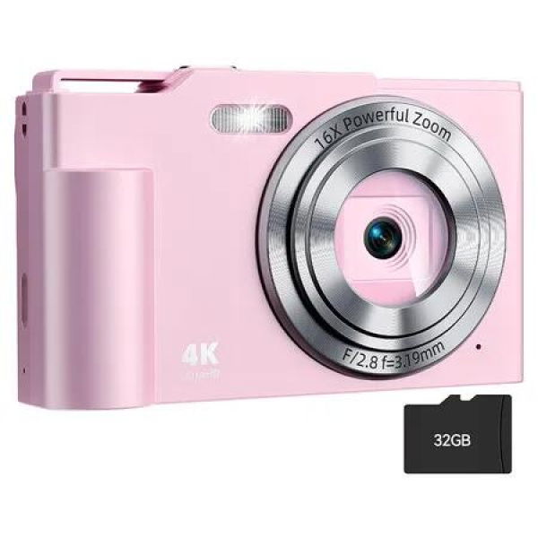 Digital Camera, FHD 4K Digital Point and Shoot Camera with 16X Zoom Anti Shake, 48MP Compact Small Camera with 64GB Card for Boys Girls Kids, Pink