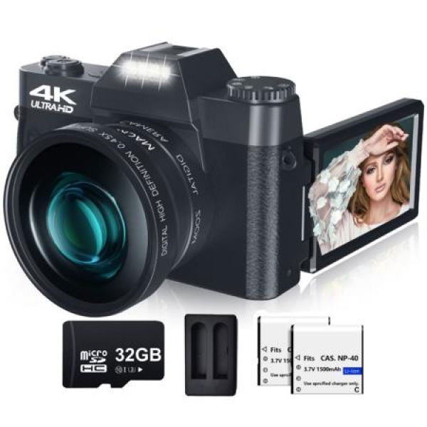 Digital Camera for Photography and Video 4K 48MP Vlogging Camera for YouTube with 180 Degree Flip Screen,16X Digital Zoom,52mm Wide Angle & Macro Lens,32GB TF Card,2 Batteries (Black)