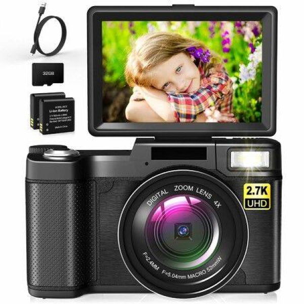 Digital Camera for Photography FHD 2.7K 30MP Vlogging Camera,Point and Shoot Cameras with 3 Inch 180 Degree Flip Screen,32GB TF Card Portable Small Camera for Teens Kids Seniors