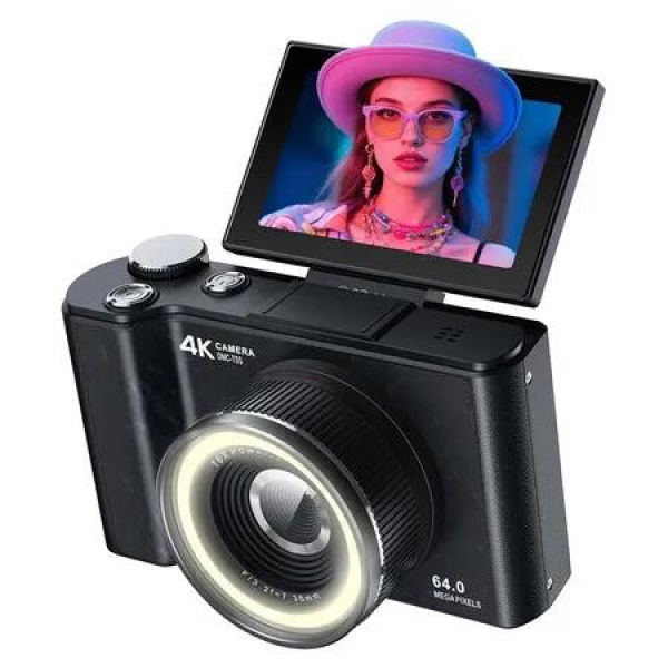 Digital Camera for Teens, Kids Digital Camera, 180 Degree Flip Screen Camera for Photography Vlogging with Fill Light, Beauty Mode for Beginner, Black