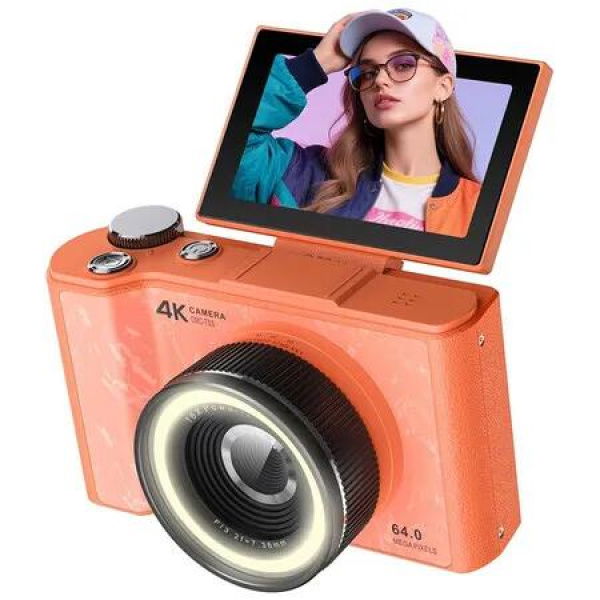 Digital Camera for Teens, Kids Digital Camera, 180 Degree Flip Screen Camera for Photography Vlogging with Fill Light, Beauty Mode for Beginner, Orange