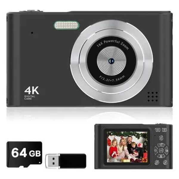 Digital Camera, Kids Camera, Vlog Camera with 64GB Card, Lanyard, 16X Zoom Anti Shake, Card Reader for Kid Student Children Teen Girl Boy, Black