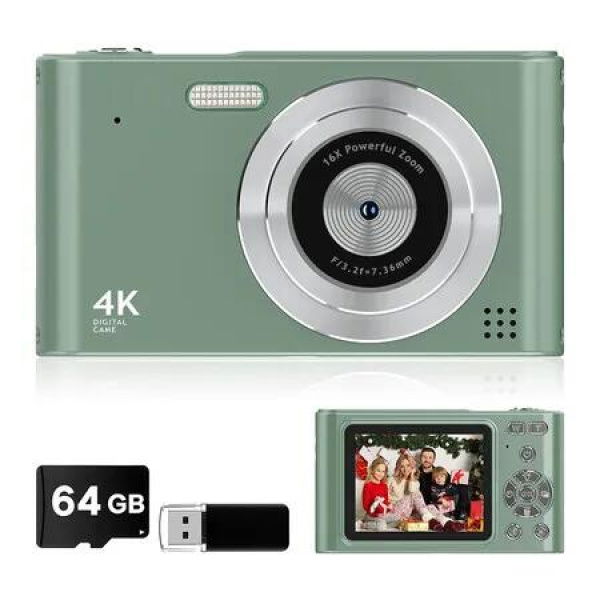 Digital Camera, Kids Camera, Vlog Camera with 64GB Card, Lanyard, 16X Zoom Anti Shake, Card Reader for Kid Student Children Teen Girl Boy, Green