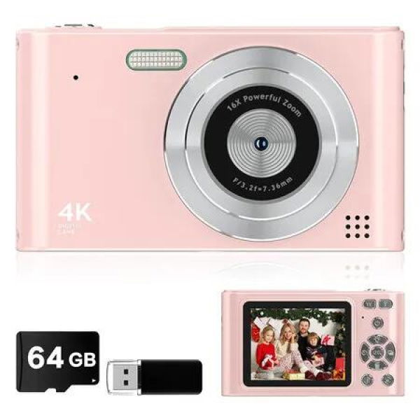 Digital Camera, Kids Camera, Vlog Camera with 64GB Card, Lanyard, 16X Zoom Anti Shake, Card Reader for Kid Student Children Teen Girl Boy, Pink