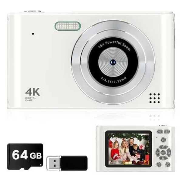 Digital Camera, Kids Camera, Vlog Camera with 64GB Card, Lanyard, 16X Zoom Anti Shake, Card Reader for Kid Student Children Teen Girl Boy, White